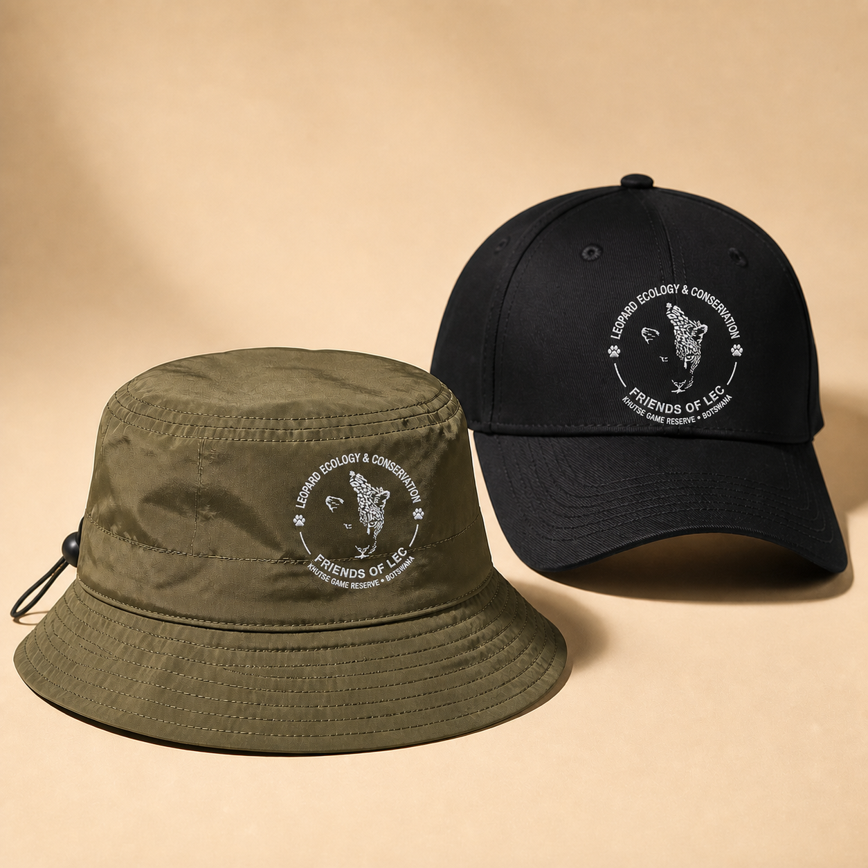 Friends of LEC olive bucket hat and black cap mockups