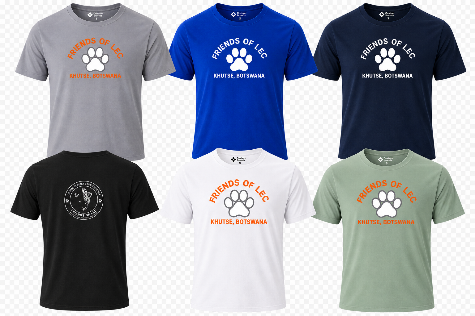 Friends of LEC T-shirt colour options in grey, blue, navy, black, white and sage green