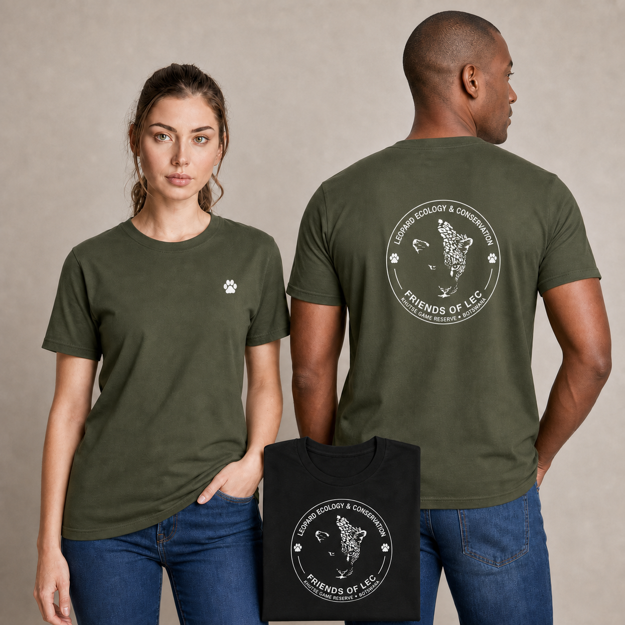 Friends of LEC olive and black cotton T-shirt mockups