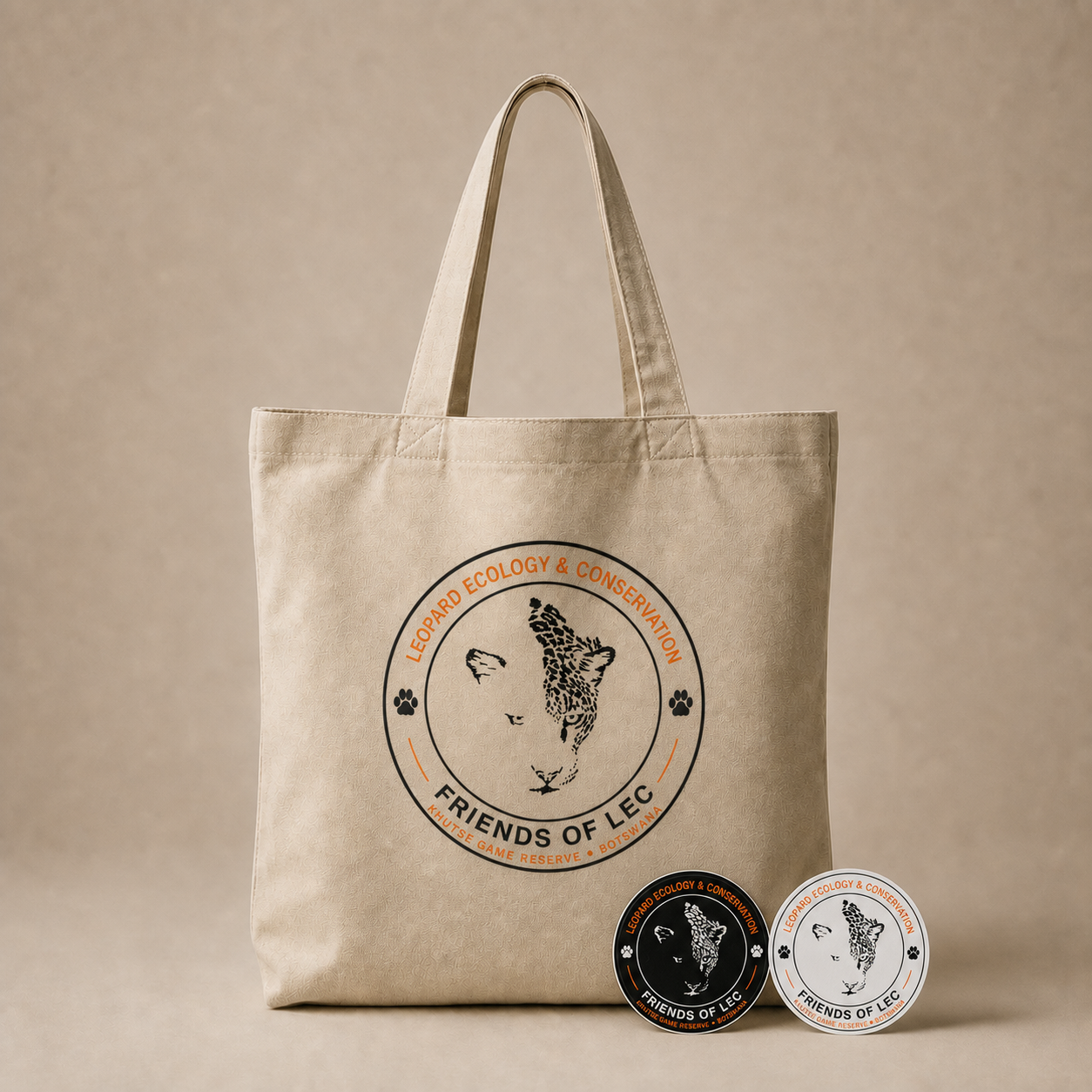 Friends of LEC natural cotton tote and round sticker mockups